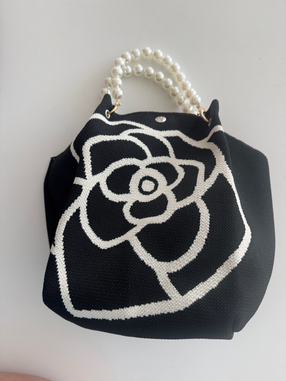 Black Floral Knit Tote with Pearl Handles